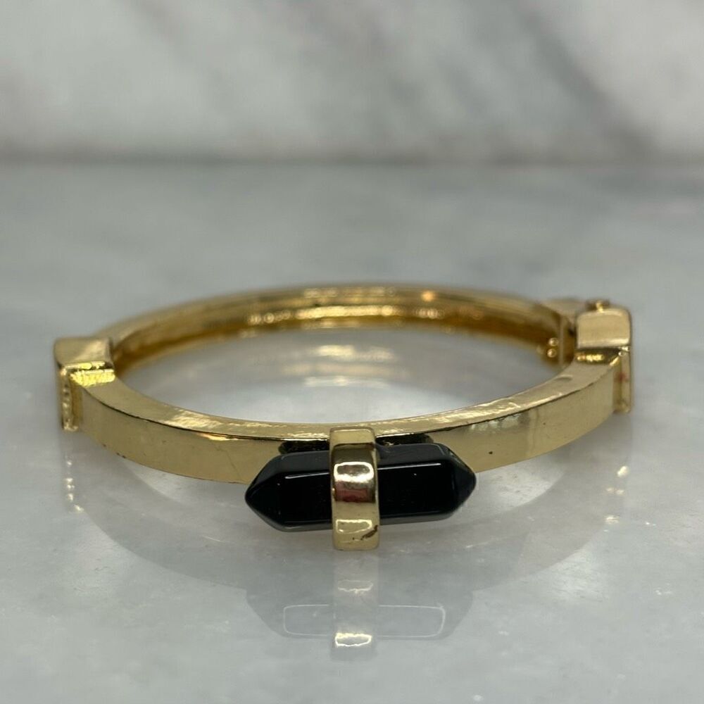 Gold Tone Classic Hinge With Black Stone Accent Bangle Bracelet OS
